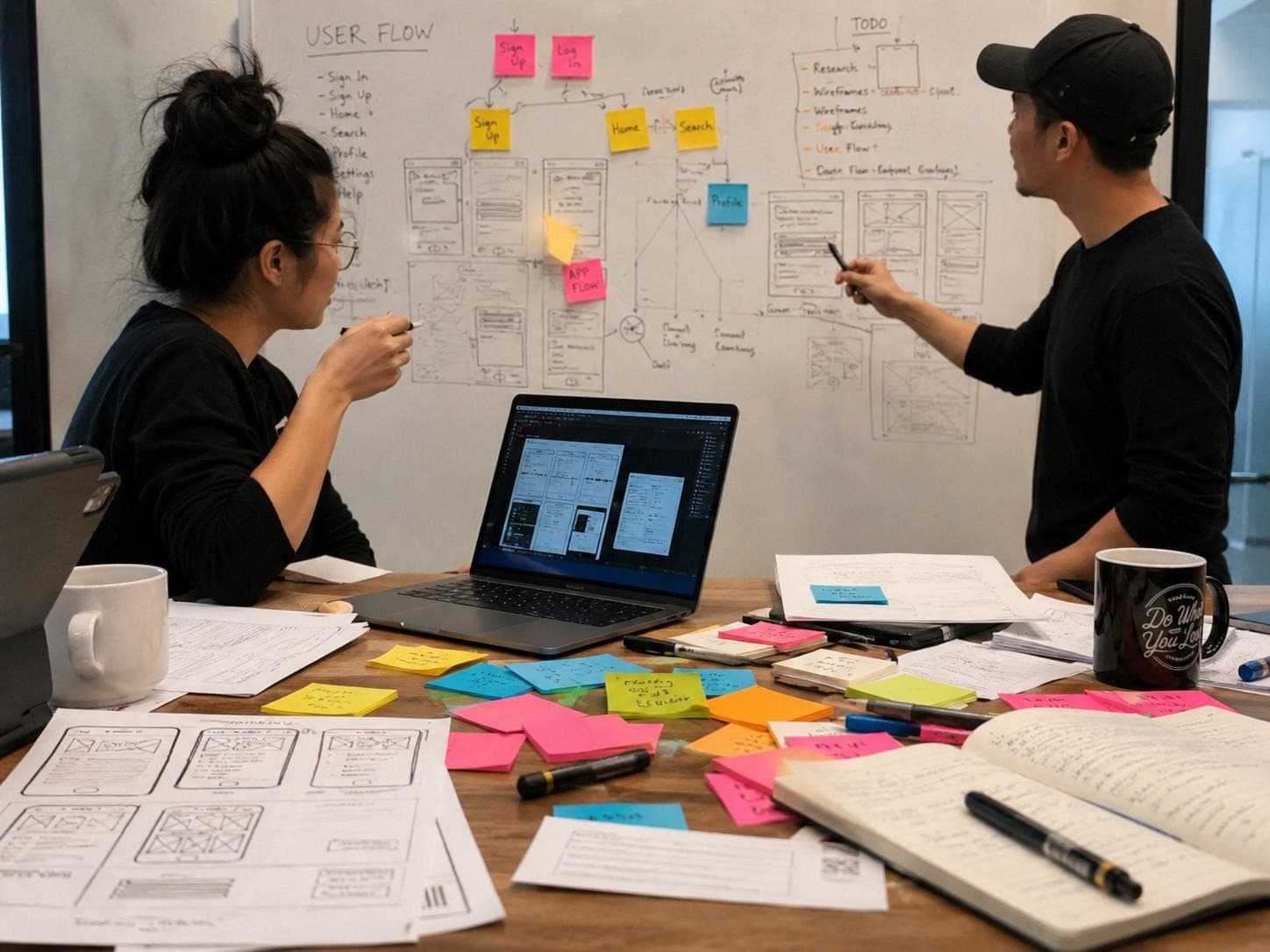 Founders planning a product workflow with sticky notes and wireframes